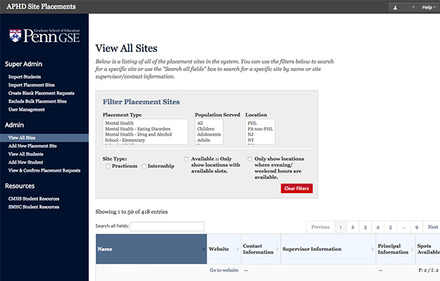Internship Placement App admin page